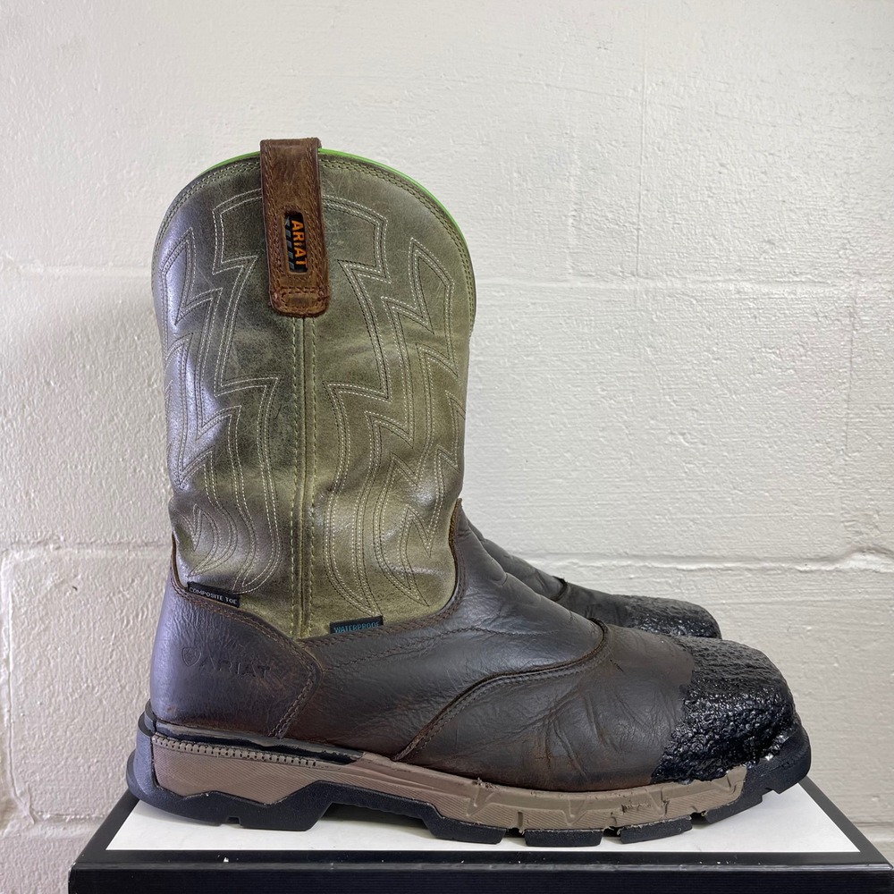 Ariat Rebar Waterproof Composite Toe Western Boots Brown Green Pull On Mens 14D